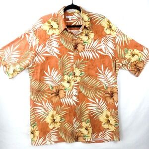 PIERRE CARDIN Shirt Hawaiian Palm Print Men's Large Orange Short Sleeve Casual